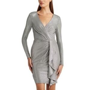 NWT Ralph Lauren Metallic Knit Silver Faux Wrap Ruffle Mini Sheath Dress Size 14